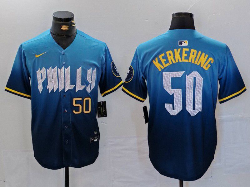 Men Philadelphia Phillies #50 Kerkering Blue City Edition Nike 2024 MLB Jersey style 2